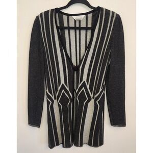 Misook Black White Stripe‎ Geometric Knit Cardigan Gemstone Button XS